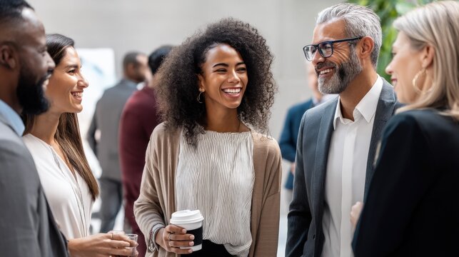 Diverse group of professionals networking and smiling at a business event or conference