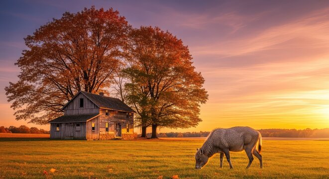 A rustic weathered farmhouse stands beside tall trees with orange autumn leaves while a jackass grazes peacefully under a vibrant sunset sky, weathered, meadow, foliage
