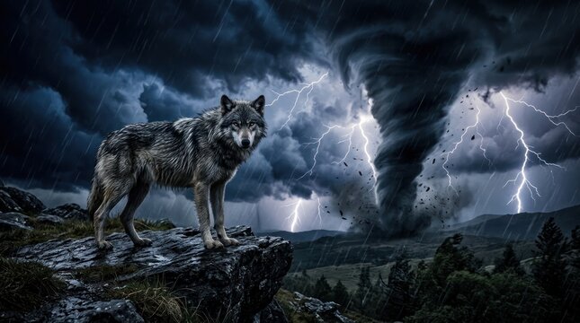 A lone wolf stands on a rocky outcrop amidst a stormy landscape