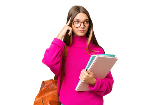 Teenager student caucasian girl over isolated background having doubts and thinking
