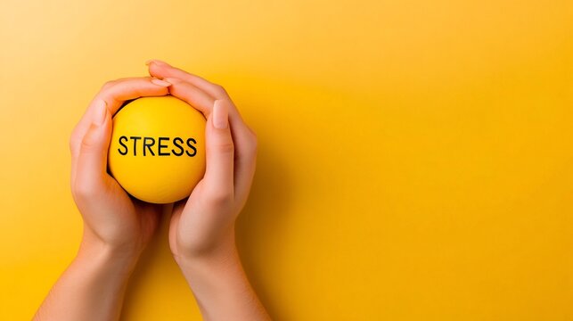 Woman's hands holding a yellow stress ball with the word stress written on it, symbolizing stress management and relief techniques on a vibrant yellow background