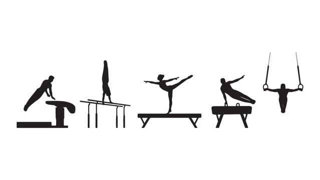 Gymnastics silhouettes set featuring vault, parallel bars, balance beam, pommel horse, and rings