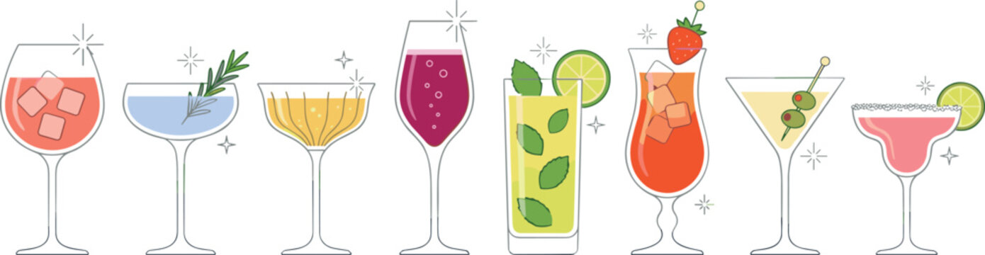 Elegant Flat Style Cocktail and Alcoholic Drink Set with Mojito Martini Margarita Wine and Spritz Vector Illustration