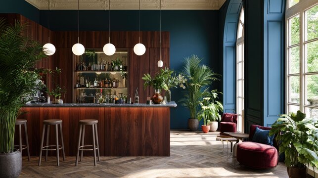 Elegant Modern Hotel Lobby with Bar Area, Natural Light, and Green Plants