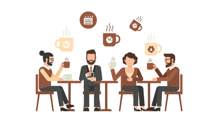 Fototapeta premium Business Professionals Meeting in Cafe with Data and Coffee Icons Flat Vector Illustration