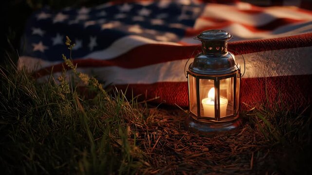 Antique lantern with flame glowing softly against American flag at dusk cinematic