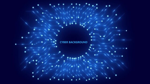 Abstract digital circuit board in blue. Cyber background. Futuristic microchip processor concept. Artificial intelligence web banner