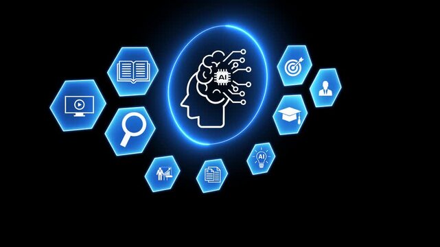 Education technology, AI Artificial Intelligence help concept, learn lessons videos online learning. Businessman use laptop with digital training courses icons for develop new skills