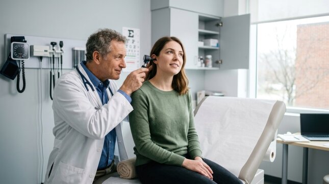 A doctor examining a patient's ear with an otoscope in a medical office.