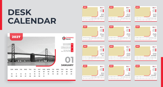 2027 Calendar Template. 2027 January to December Monthly Travel Photo Desk Calendar Design Template