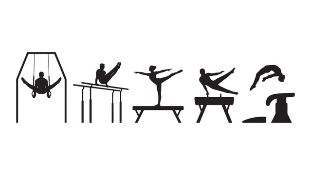 Gymnastics apparatus silhouettes including rings, parallel bars, beam, pommel horse and vaulting