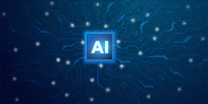 Artificial intelligence chip icon with circuit lines on blue digital network background.