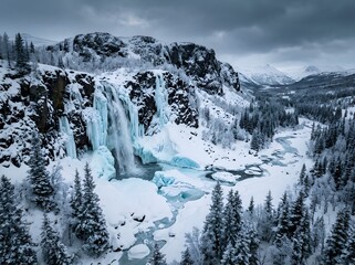 Obraz premium Frozen waterfall in a snowy mountain landscape