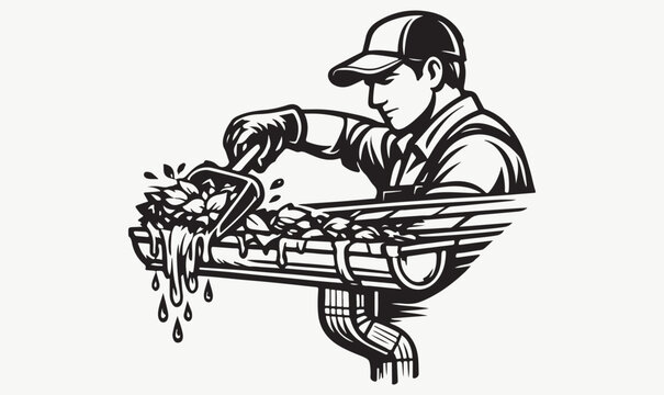 Gutter Cleaning Vector Illustration with Worker Using Hand Scoop to Remove Mud and Leaves from House Roof Gutters