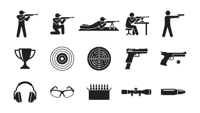 Target shooting and firearm equipment silhouettes including rifles, pistols, ammo, and safety gear