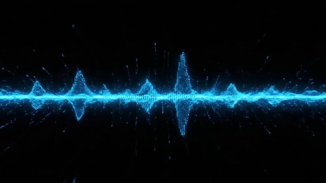Digital blue pulse signal or sound wave on black background.