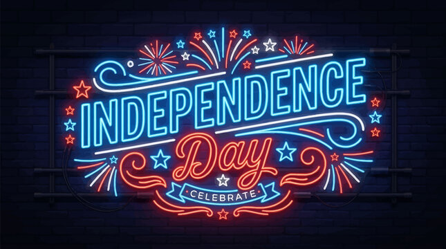 Independence day neon sign with fireworks patriotic american holiday celebration