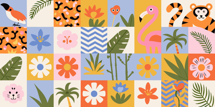Jungle Animals And Tropical Foliage Pattern Colorful Vector Illustration