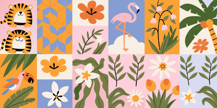 Jungle animals and floral elements colorful vector pattern