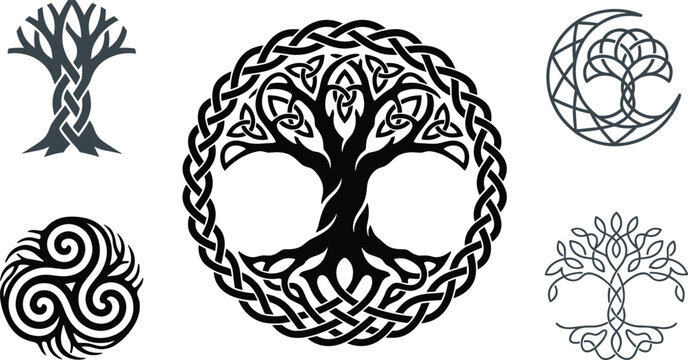 Monochrome Celtic Tree of Life Collection Featuring Knotwork Symbols, Triskelion Spirals, Crescent Moon, and Sacred Nature Emblems