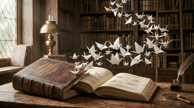 Origami cranes flying out of an old book in a library with bookshelf knowledge learning imagination creativity