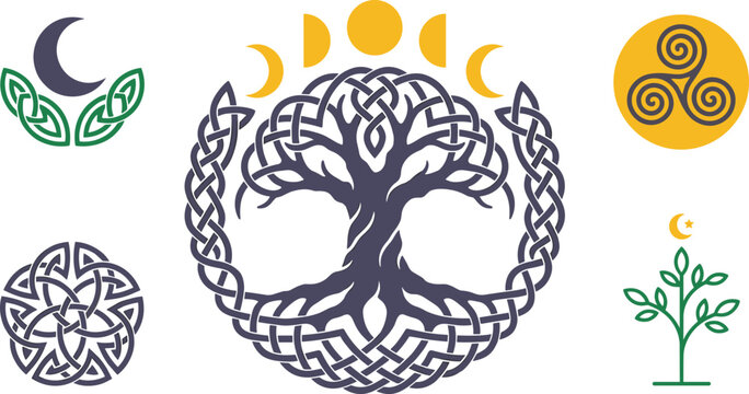 Mystical Celtic Tree of Life Collection Featuring Lunar Phases, Triskelion Symbols, Sacred Moon Motifs, and Ancient Pagan Designs
