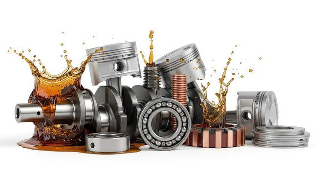 Macro view of engine components including crankshaft, pistons, motor oil splash, steel ball bearing, copper commutator, and metal laminations, crankshaft, texture, electric