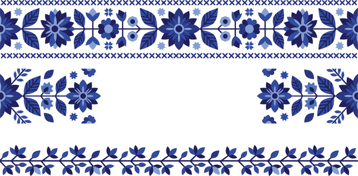 Traditional Blue and White Hungarian Folk Art Embroidery Border Vector Set Featuring Slavic Geometric Floral Motifs and Detailed Cross Stitch Pattern Elements