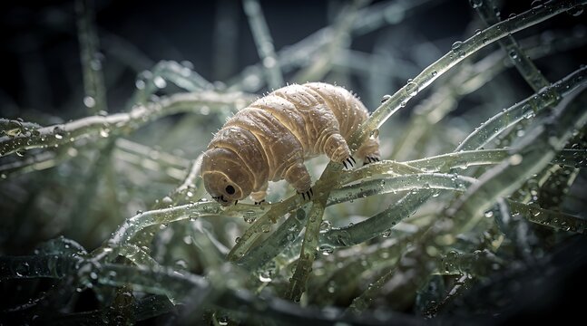 Extreme Microscopic Tardigrade Water Bear Crawling on Mossy Surface.