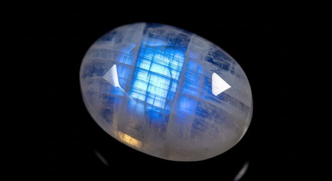 Stunning macro view of a polished oval moonstone gemstone showcasing a vibrant blue iridescent sheen and mystical adularescence light effects, gemology, pearlescent, crystal