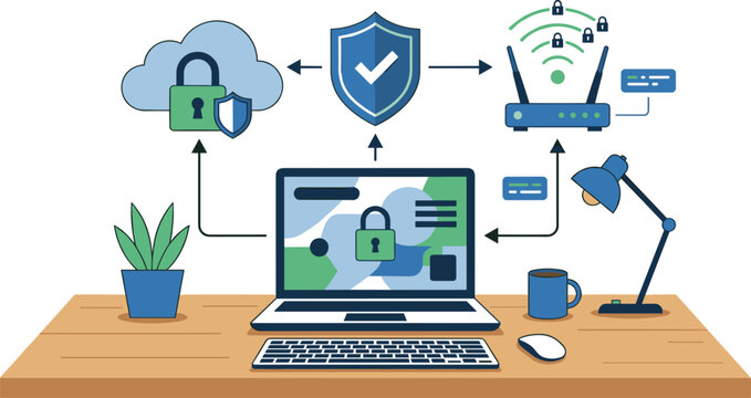  Cybersecurity home office workstation with secure laptop connection to cloud storage protected network shield and wireless router vector illustration