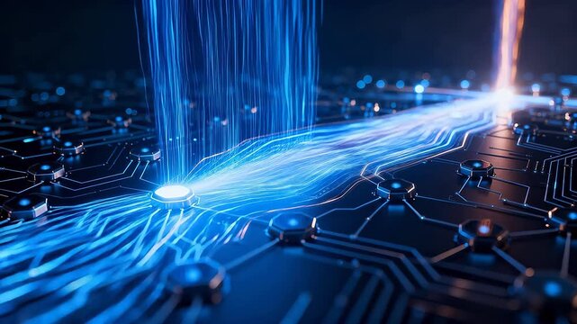 Digital circuit board with glowing blue hexagonal components and dynamic light beams