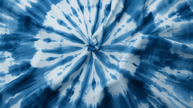 Blue and white radial tie dye silk fabric texture background pattern