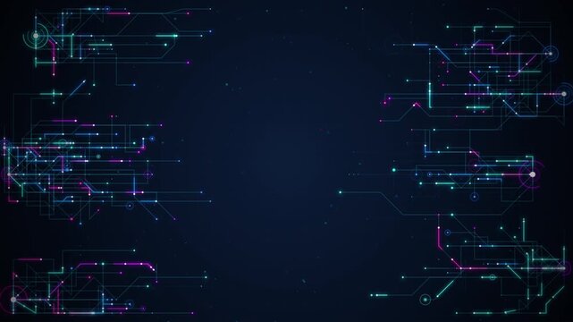 Abstract digital technology background with glowing circuit board lines and data connection nodes