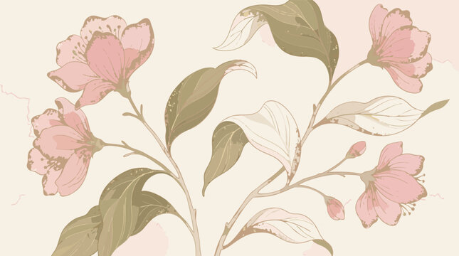 Pink blossom botanical branch with soft green leaves on pastel background