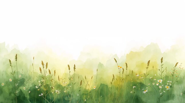 Wildflower meadow with wheat grass and daisies on soft watercolor wash background nature concept