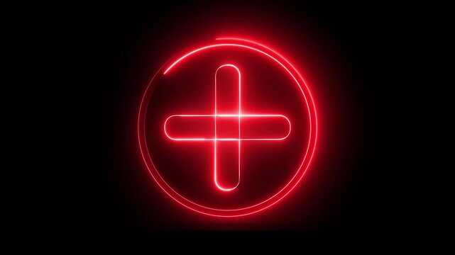 Neon plus sign icon animation glowing red color neon sign positive mathematic accountancy calculating icon sign symbol on black background	