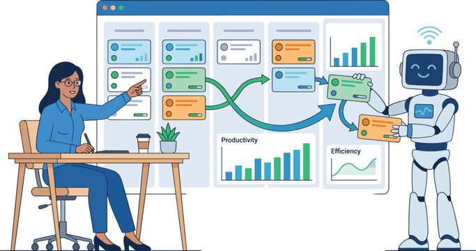 Business woman collaborating with artificial intelligence robot for agile project management scrum kanban board workflow and productivity vector illustration