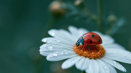 Obraz premium Close-up of a red ladybug with black spots resting on a white daisy petal after rain