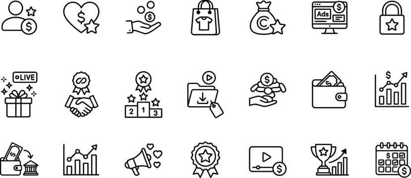 Vector line icon set of affiliate marketing rewards monetizing program financial income sponsor tracking campaign metrics and creator commission widgets