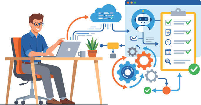 Business man using laptop for automated workflow cloud computing task management and artificial intelligence chatbot assistant in flat vector illustration