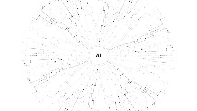 Abstract digital network connection with ai center, radial data flow visualization isolated on white background