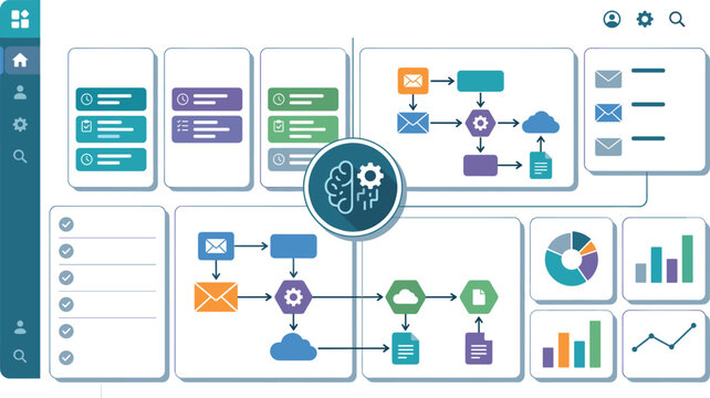  Artificial intelligence workflow automation dashboard interface with business process flowchart email marketing funnel graphs and charts vector illustration