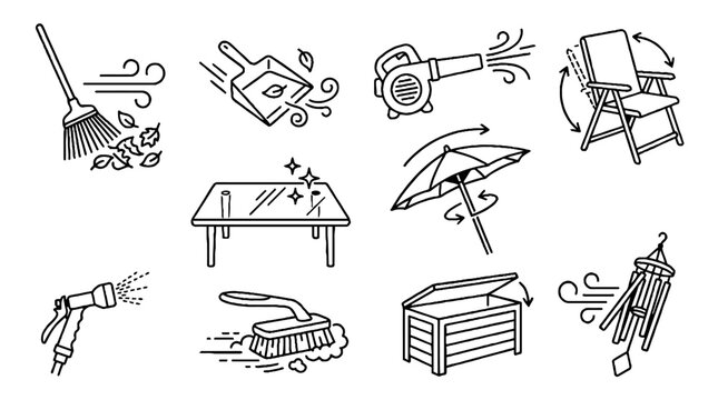 Hand drawn garden maintenance and outdoor furniture icons set in black and white doodle style.