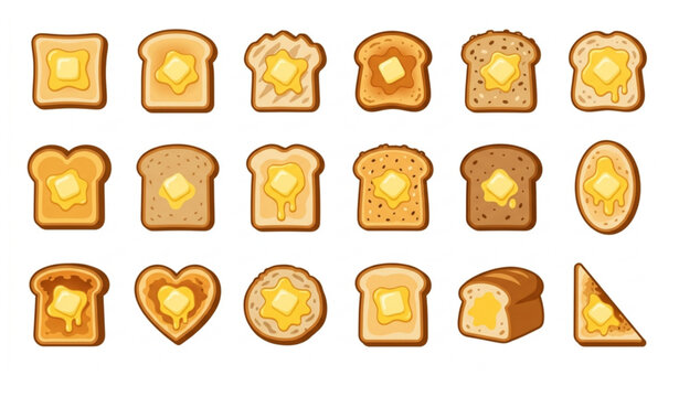 Butter Toast Icon Set Flat Vector Illustration with Bread Slice Breakfast Clipart Isolated on White