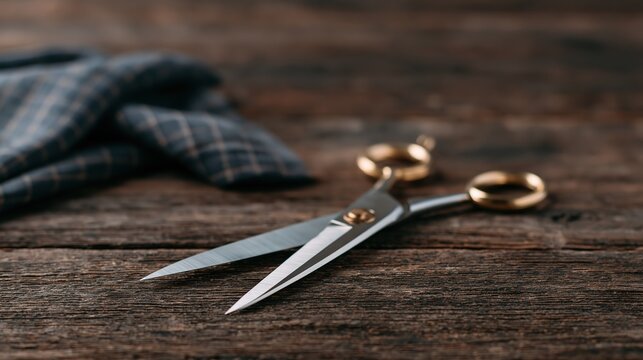 Tailor's scissors and fabric on a rustic wooden table, close-up shot