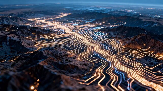 Night mountain landscape with glowing circuit lines and town lights