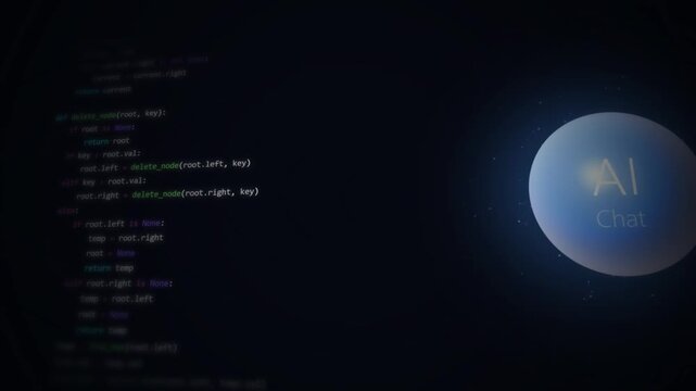 Programming code for binary search tree deletion displayed on a digital screen with an ai chat icon
