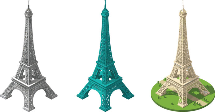 Isometric Eiffel Tower Illustration Set in Grayscale, Teal, and Beige with Detailed 3D Style for Paris Travel and Architecture Designs