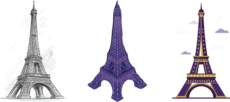Eiffel Tower Illustration Set with Sketch, Ornamental, and Flat Style Designs in Purple for Paris Travel, Tourism, and Architecture Concepts